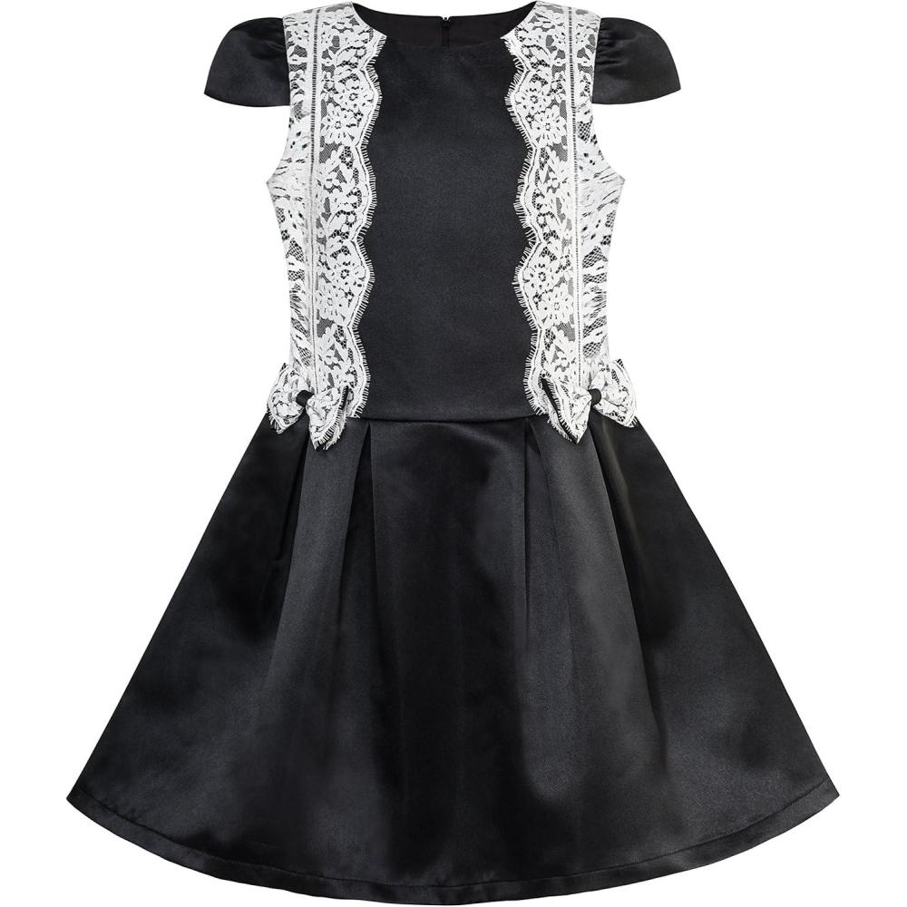 imageSunny Fashion Girls Dress Black White Color Contrast Lace Bow Tie Size 610