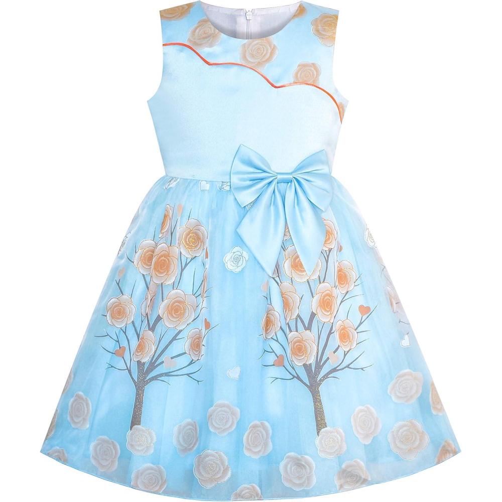 imageSunny Fashion Girls Dress Bow Tie Green Pink Color Contrast Size 412Azure Blue