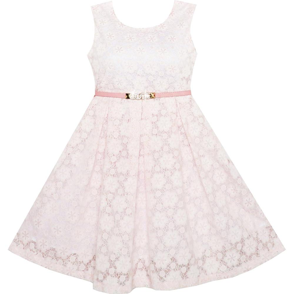 imageSunny Fashion Girls Dress Floral Lace Jeweled Pearl Belt Pageant Party 414