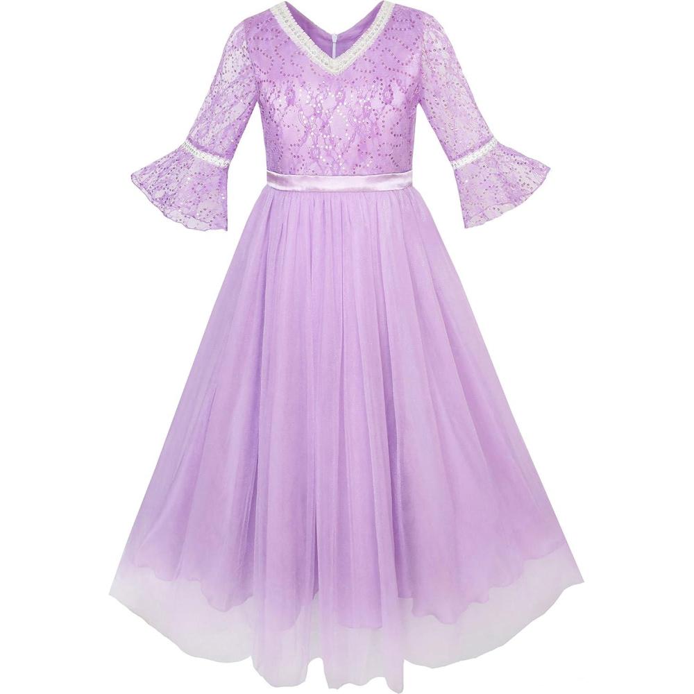 imageSunny Fashion Girls Dress Lace Sequin VNeckline Pageant Wedding Size 414