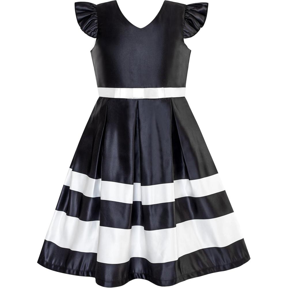 imageSunny Fashion Girls Dress Navy Blue VNeckline Ribbon Color Contrast Size 612Black