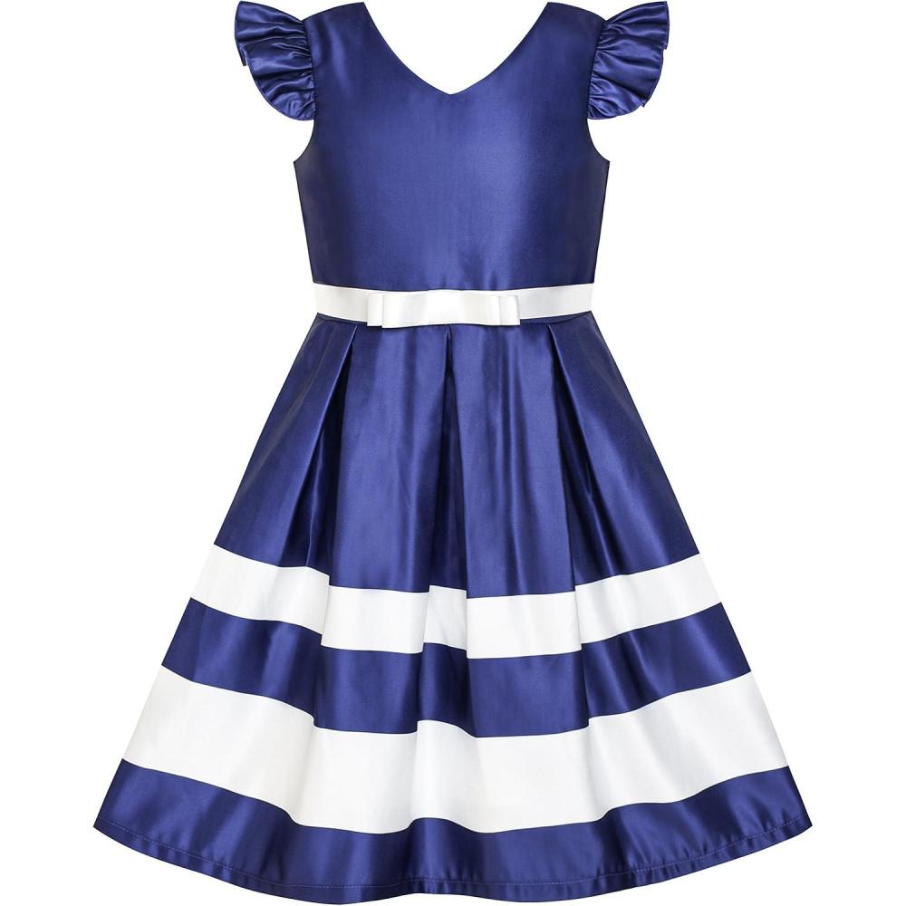 imageSunny Fashion Girls Dress Navy Blue VNeckline Ribbon Color Contrast Size 612Blue