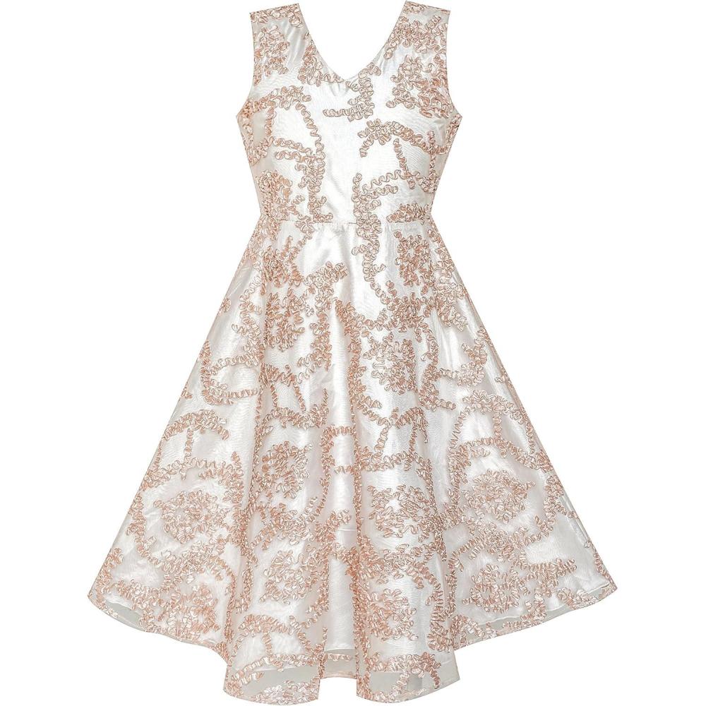 imageSunny Fashion Girls Dress V Neckline Embroidered Floral Champagne Size 612