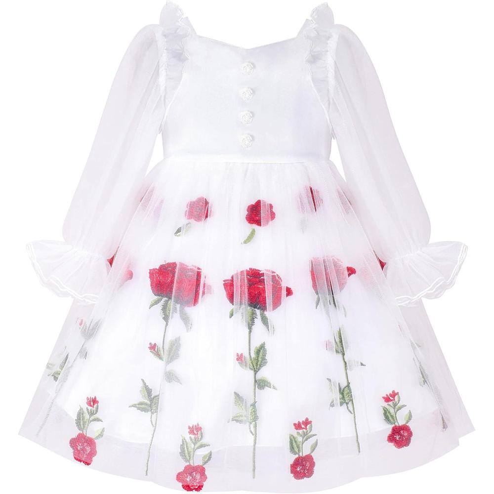 imageSunny Fashion Girls Dress White Rose Flower Embroidery Heart Shape Back WeddingPink