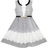 Sunny Fashion 2-in-1 Girls Party Dress Checked Black White Lace Belt 7-14