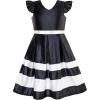 Sunny Fashion Girls Dress Navy Blue V-Neckline Ribbon Color Contrast Size 6-12(Black)