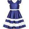 Sunny Fashion Girls Dress Navy Blue V-Neckline Ribbon Color Contrast Size 6-12(Blue)