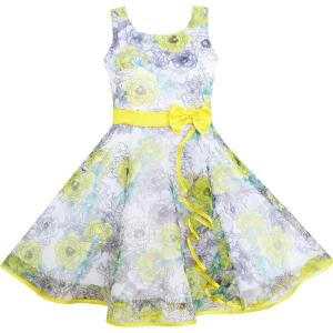 Girls Dress 3 Layers Hand Drawing Peony Flower Pageant Size 4-12 Years 4-5 Years / Yellow