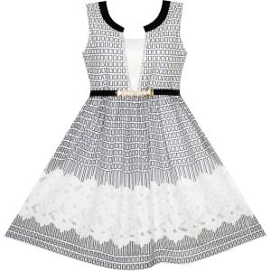 Sunny Fashion 2-in-1 Girls Party Dress Checked Black White Lace Belt 7-14