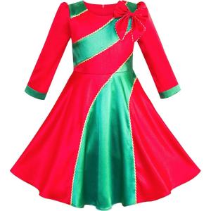 Sunny Fashion Girls Dress 3/4 Sleeve Christmas Santa Jingle Bell Snow Size 4-12(Red Green Satin)