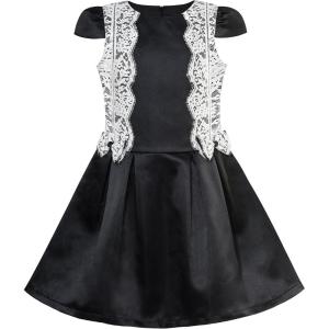 Sunny Fashion Girls Dress Black White Color Contrast Lace Bow Tie Size 6-10