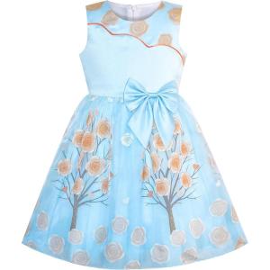 Sunny Fashion Girls Dress Bow Tie Green Pink Color Contrast Size 4-12(Azure Blue)