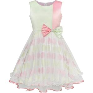 Sunny Fashion Girls Dress Bow Tie Green Pink Color Contrast Size 4-12(Multi-color)