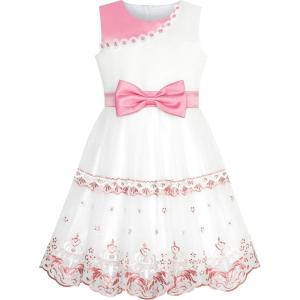 Sunny Fashion Girls Dress Bow Tie Green Pink Color Contrast Size 4-12(Pink White)