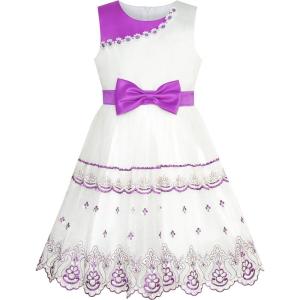 Sunny Fashion Girls Dress Bow Tie Green Pink Color Contrast Size 4-12(Purple)