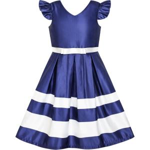 Sunny Fashion Girls Dress Navy Blue V-Neckline Ribbon Color Contrast Size 6-12(Blue)
