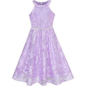 Sunny Fashion Girls Dress Purple Lace Pearl Wedding Bridesmaid Gown Size 6-12