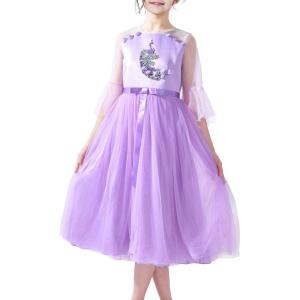 Sunny Fashion Girls Dress Purple Peacock Illusion Shoulder Bell Sleeve Size 6-12