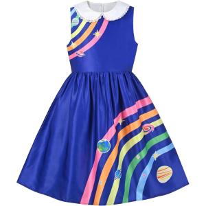 Sunny Fashion Girls Dress Purple Sunflower Green Leaves Butterfly Size 4-12(Blue Solar System)