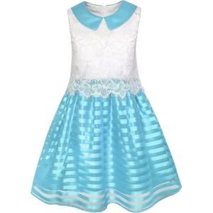 Sunny Fashion Girls Dress Red Blue Lace Stripe Collar Party Sundress Size 4-10