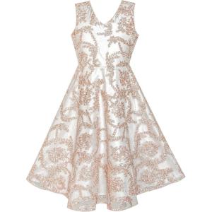 Sunny Fashion Girls Dress V Neckline Embroidered Floral Champagne Size 6-12