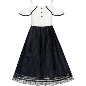 Sunny Fashion Girls Dress White and Black Chiffon Lace Cold Shoulder Size 6-12