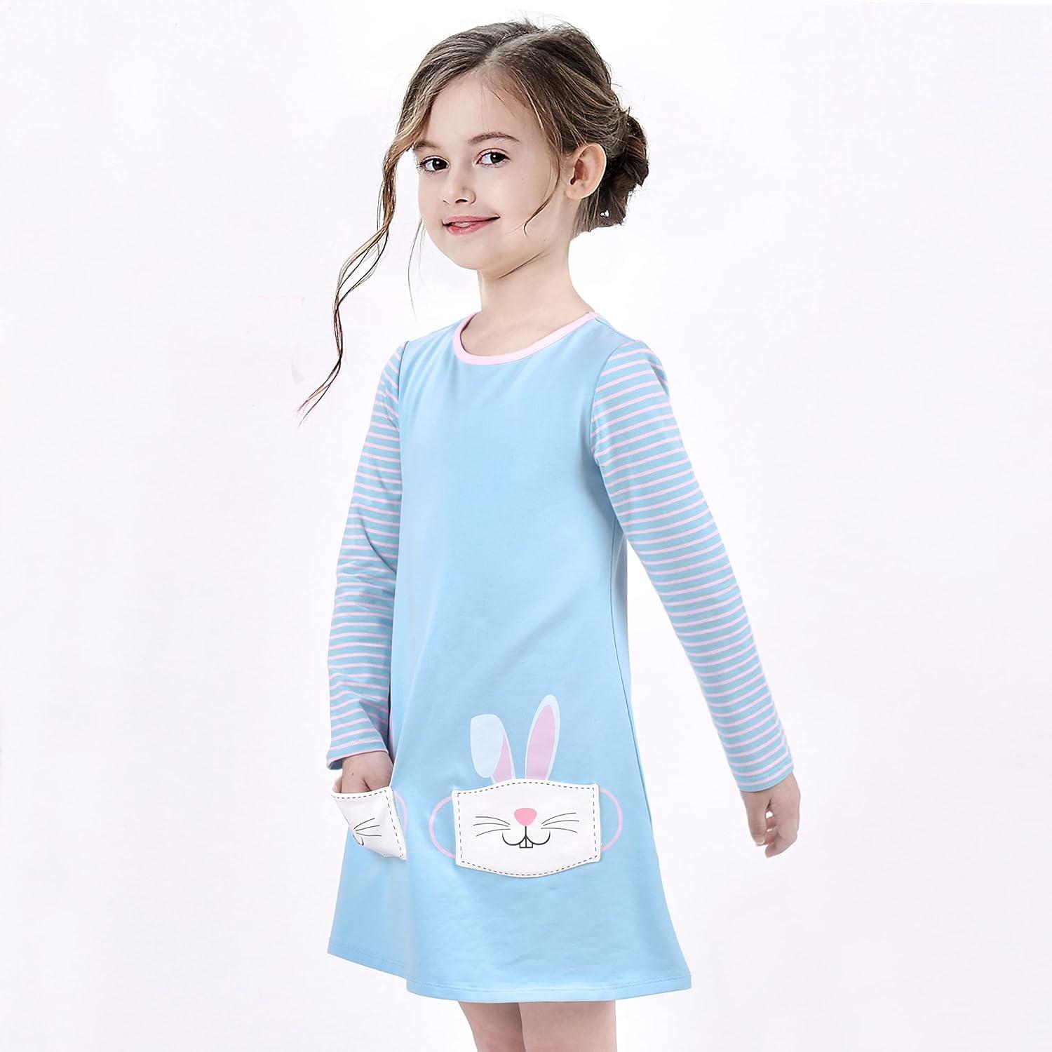 imageSunny Fashion Girls Casual Dress Cotton Long Sleeve Kite Cloud EmbroideredBlue Bunny
