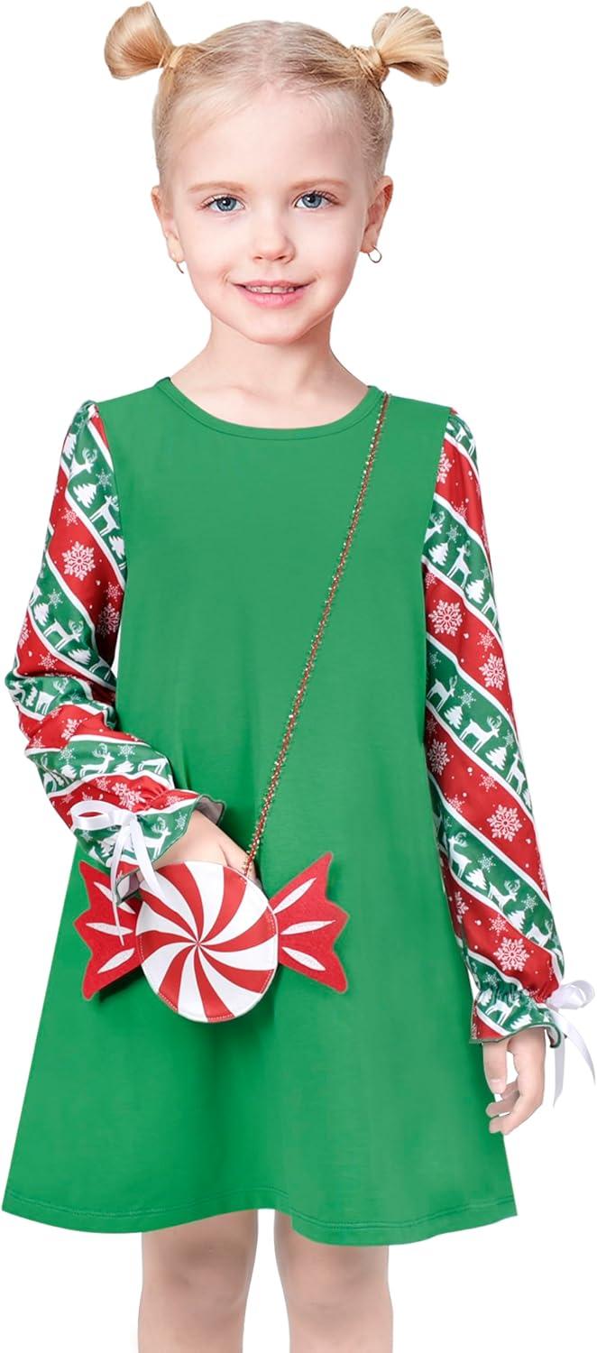 imageSunny Fashion Girls Casual Dress Cotton Long Sleeve Kite Cloud EmbroideredGreen Candy Cane