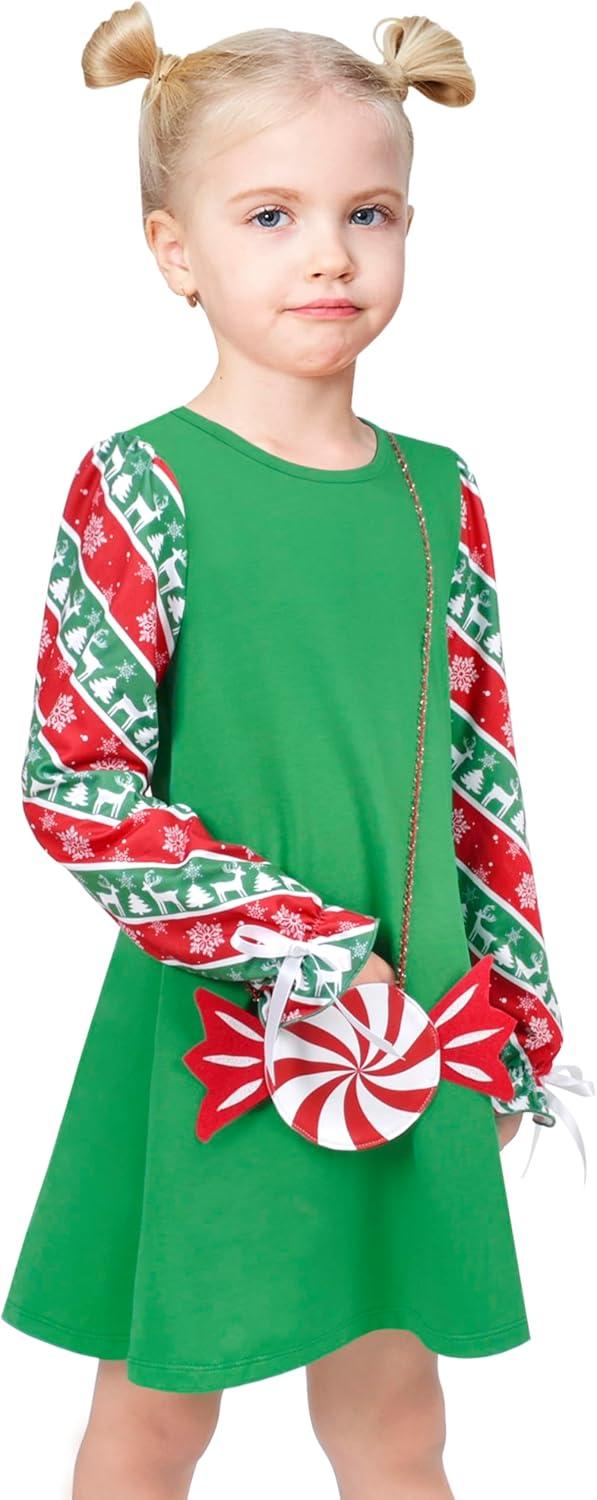 imageSunny Fashion Girls Casual Dress Cotton Long Sleeve Kite Cloud EmbroideredGreen Candy Cane