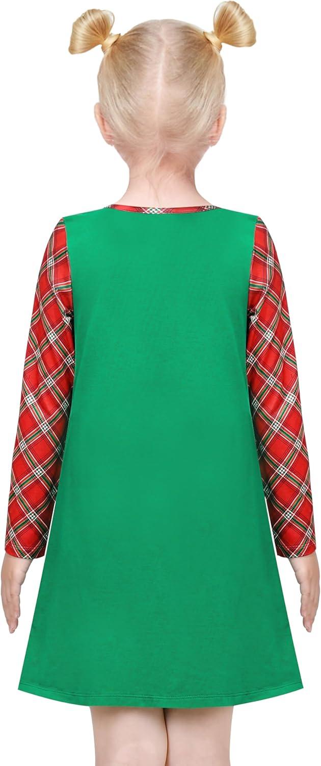imageSunny Fashion Girls Casual Dress Cotton Long Sleeve Kite Cloud EmbroideredGreen Plaid