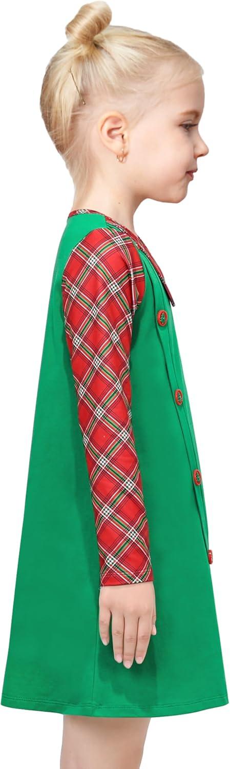 imageSunny Fashion Girls Casual Dress Cotton Long Sleeve Kite Cloud EmbroideredGreen Plaid