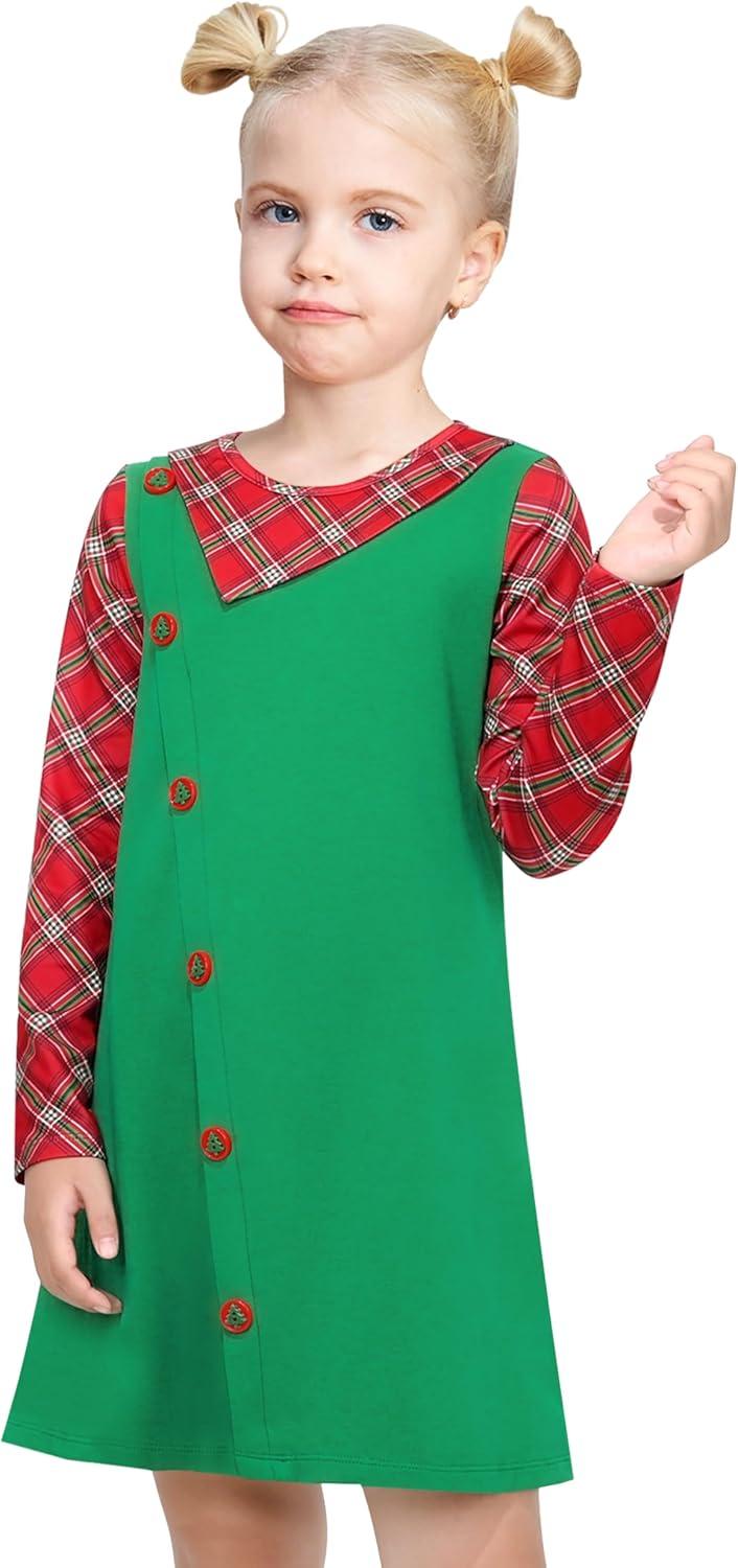 imageSunny Fashion Girls Casual Dress Cotton Long Sleeve Kite Cloud EmbroideredGreen Plaid