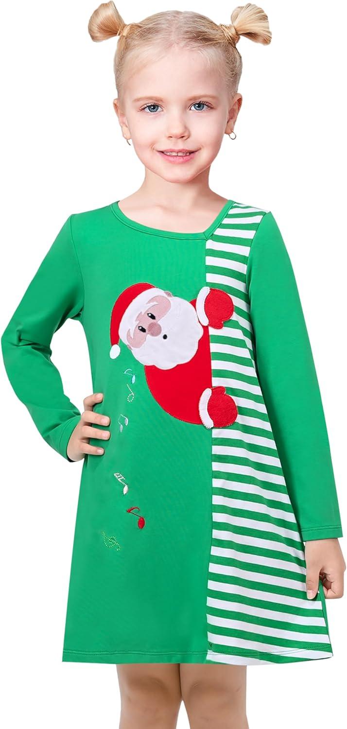imageSunny Fashion Girls Casual Dress Cotton Long Sleeve Kite Cloud EmbroideredGreen Snowman