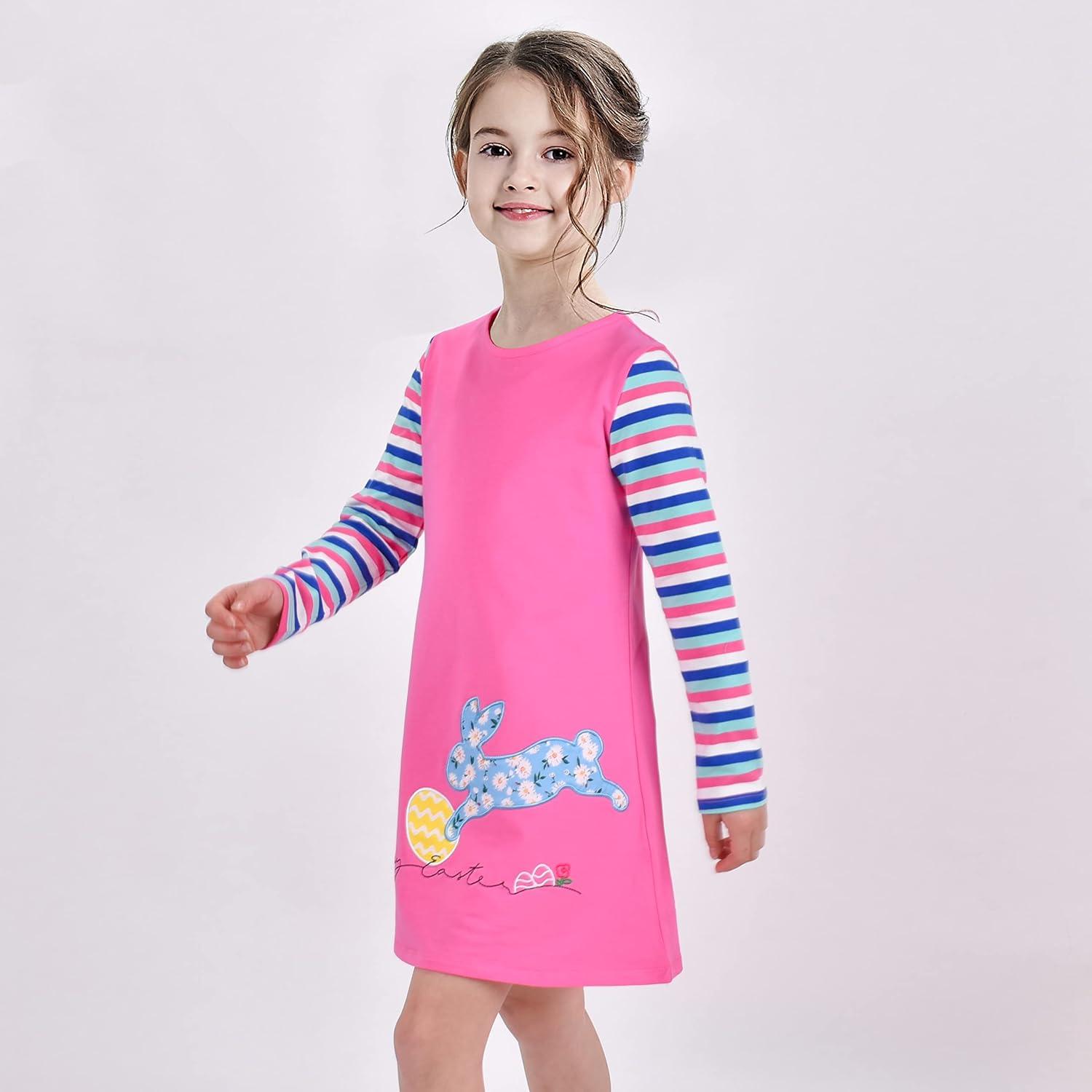 imageSunny Fashion Girls Casual Dress Cotton Long Sleeve Kite Cloud EmbroideredPink Bunny