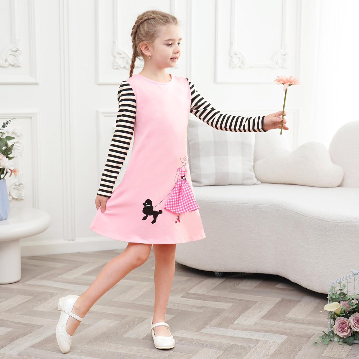 imageSunny Fashion Girls Casual Dress Cotton Long Sleeve Kite Cloud EmbroideredPink Lady