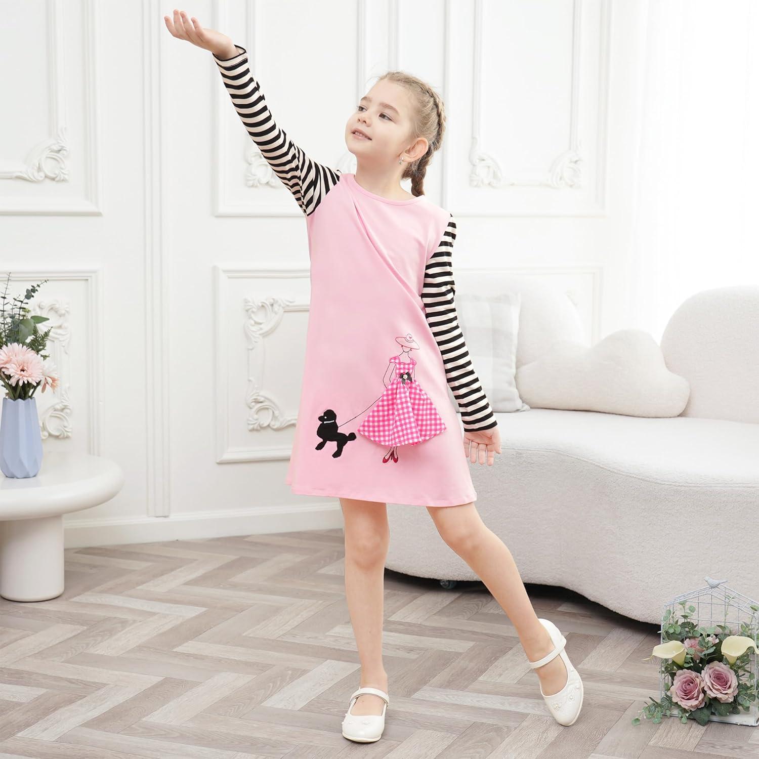 imageSunny Fashion Girls Casual Dress Cotton Long Sleeve Kite Cloud EmbroideredPink Lady