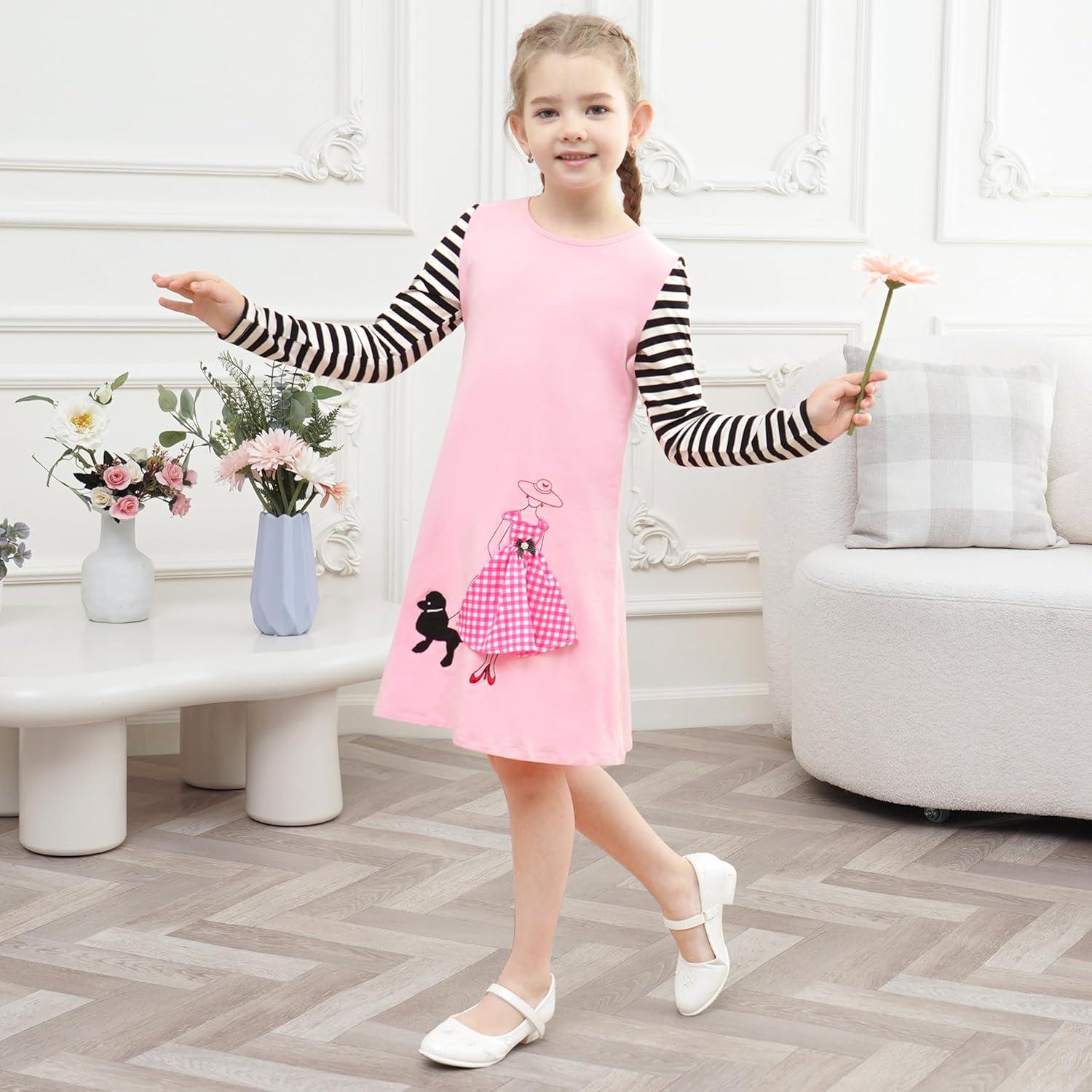 imageSunny Fashion Girls Casual Dress Cotton Long Sleeve Kite Cloud EmbroideredPink Lady