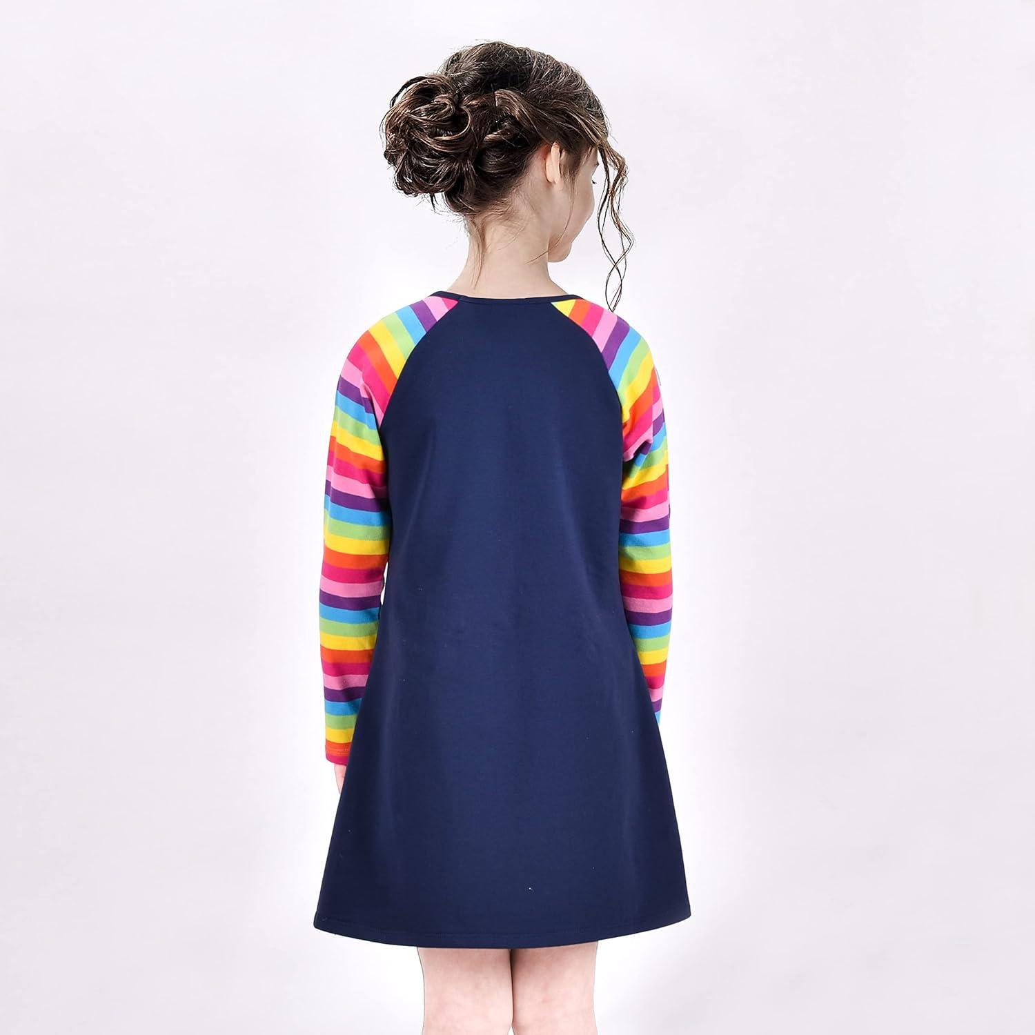 imageSunny Fashion Girls Casual Dress Cotton Long Sleeve Kite Cloud EmbroideredRainbow Bunny
