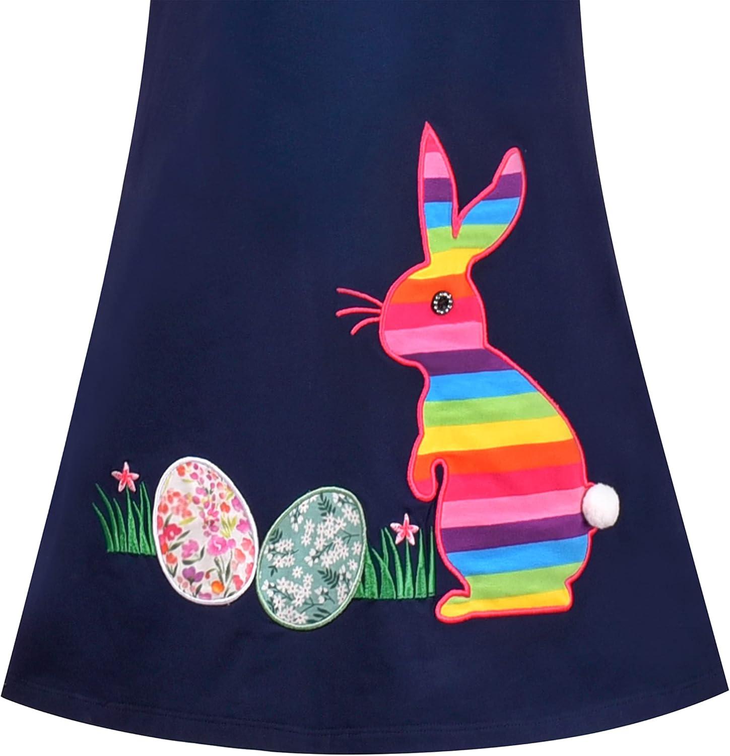 imageSunny Fashion Girls Casual Dress Cotton Long Sleeve Kite Cloud EmbroideredRainbow Bunny