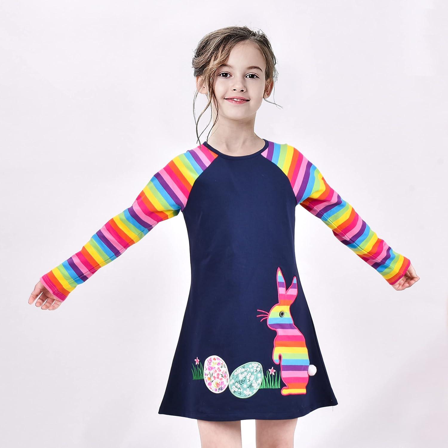 imageSunny Fashion Girls Casual Dress Cotton Long Sleeve Kite Cloud EmbroideredRainbow Bunny