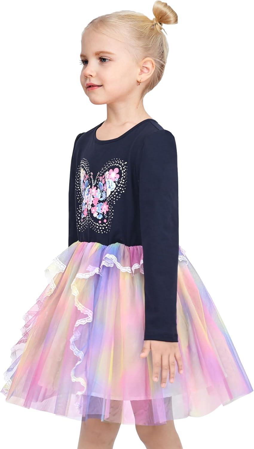 imageSunny Fashion Girls Dress Beige Cream Sequin Heart Butterfly Tulle Skirt Long SleeveBlue Butterfly