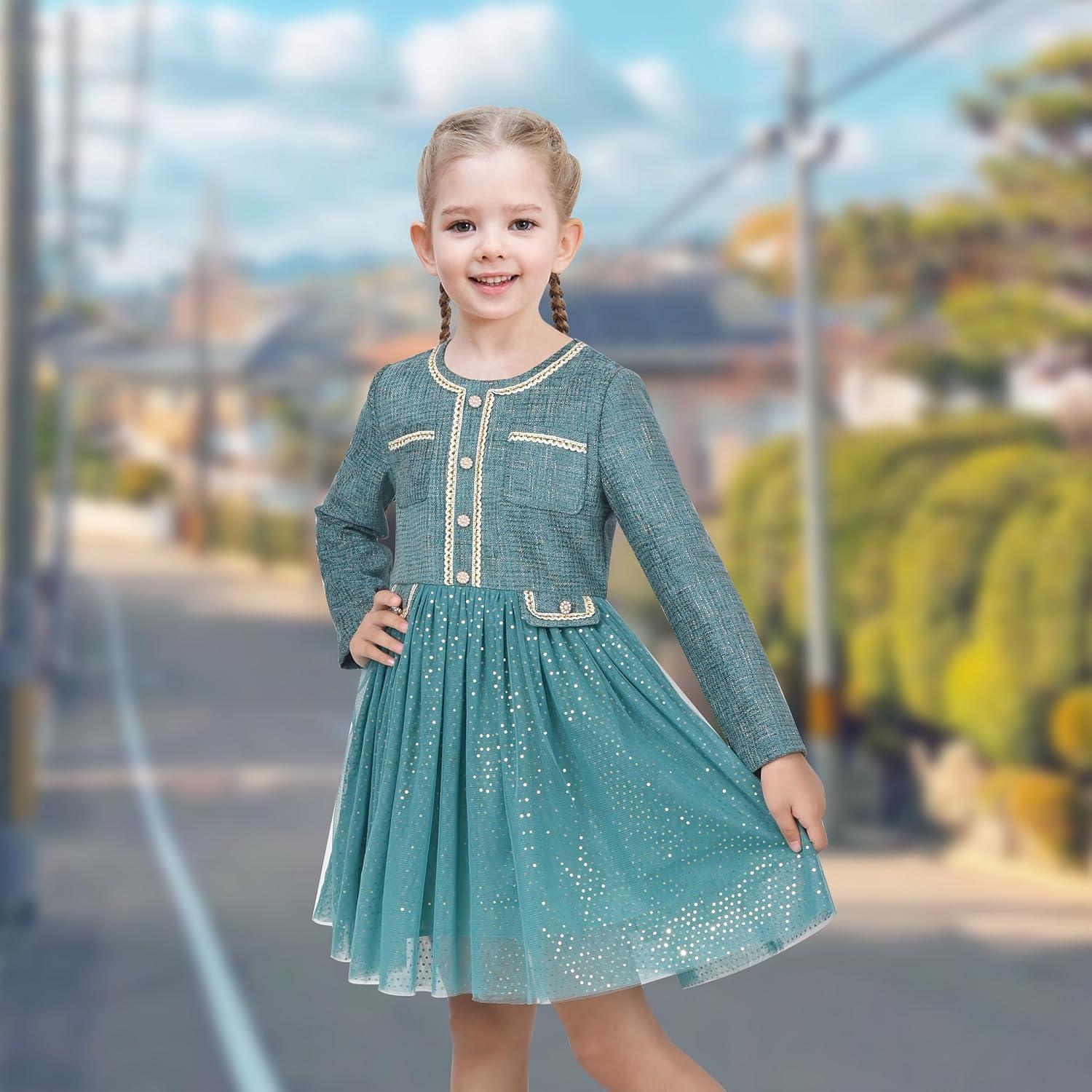 imageSunny Fashion Girls Dress Beige Cream Sequin Heart Butterfly Tulle Skirt Long SleeveBluish Green