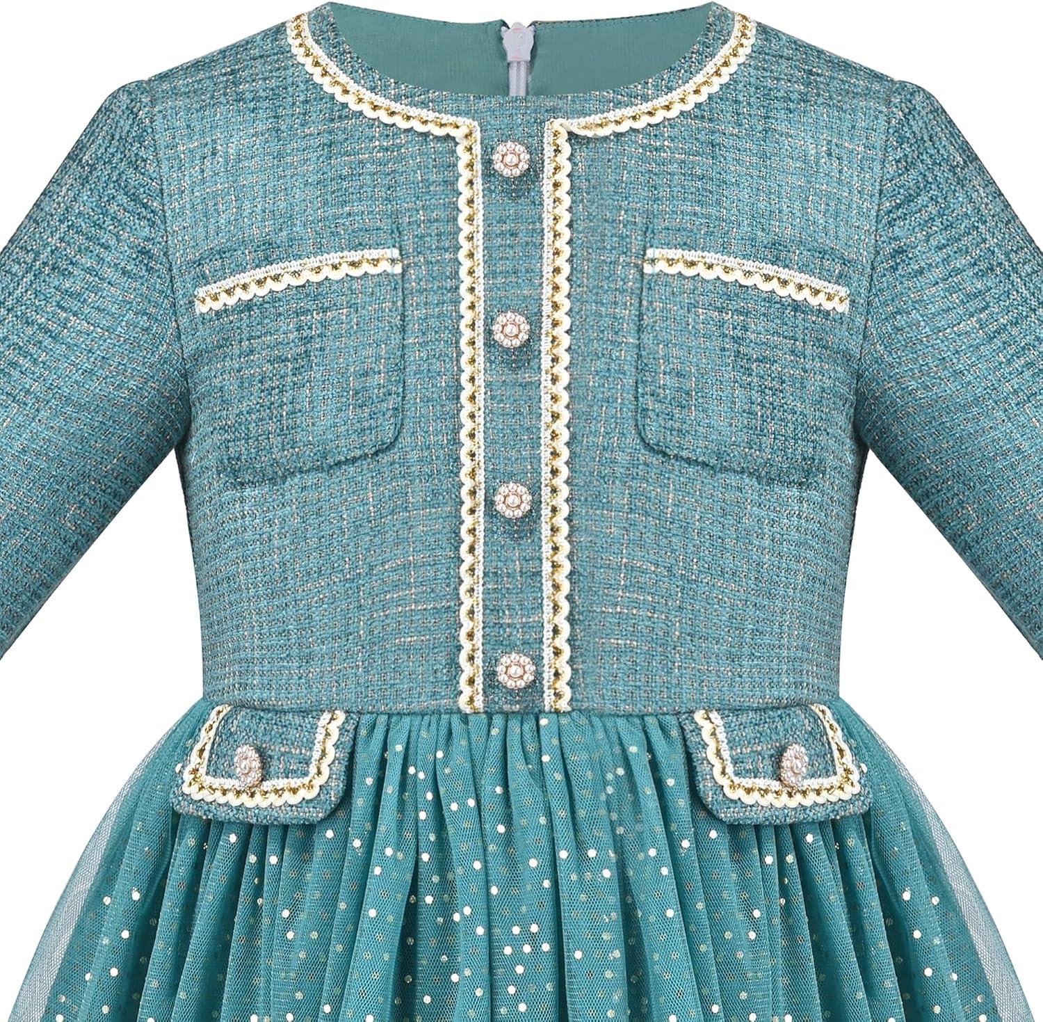 imageSunny Fashion Girls Dress Beige Cream Sequin Heart Butterfly Tulle Skirt Long SleeveBluish Green