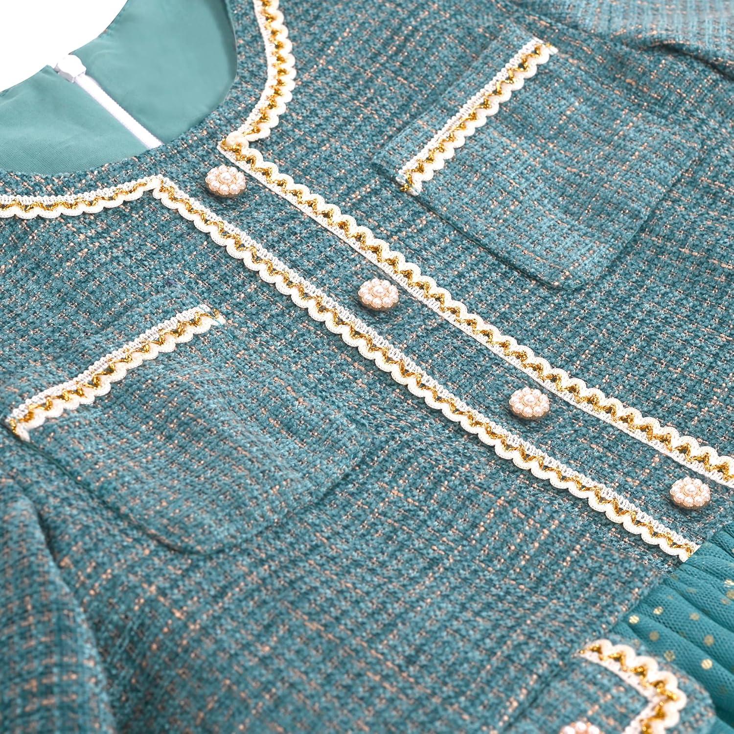 imageSunny Fashion Girls Dress Beige Cream Sequin Heart Butterfly Tulle Skirt Long SleeveBluish Green