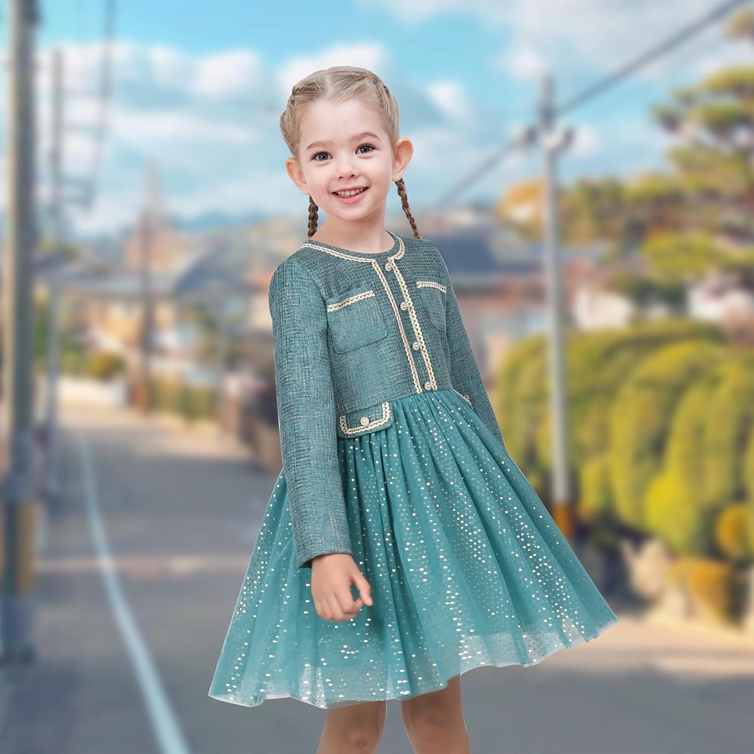 imageSunny Fashion Girls Dress Beige Cream Sequin Heart Butterfly Tulle Skirt Long SleeveBluish Green