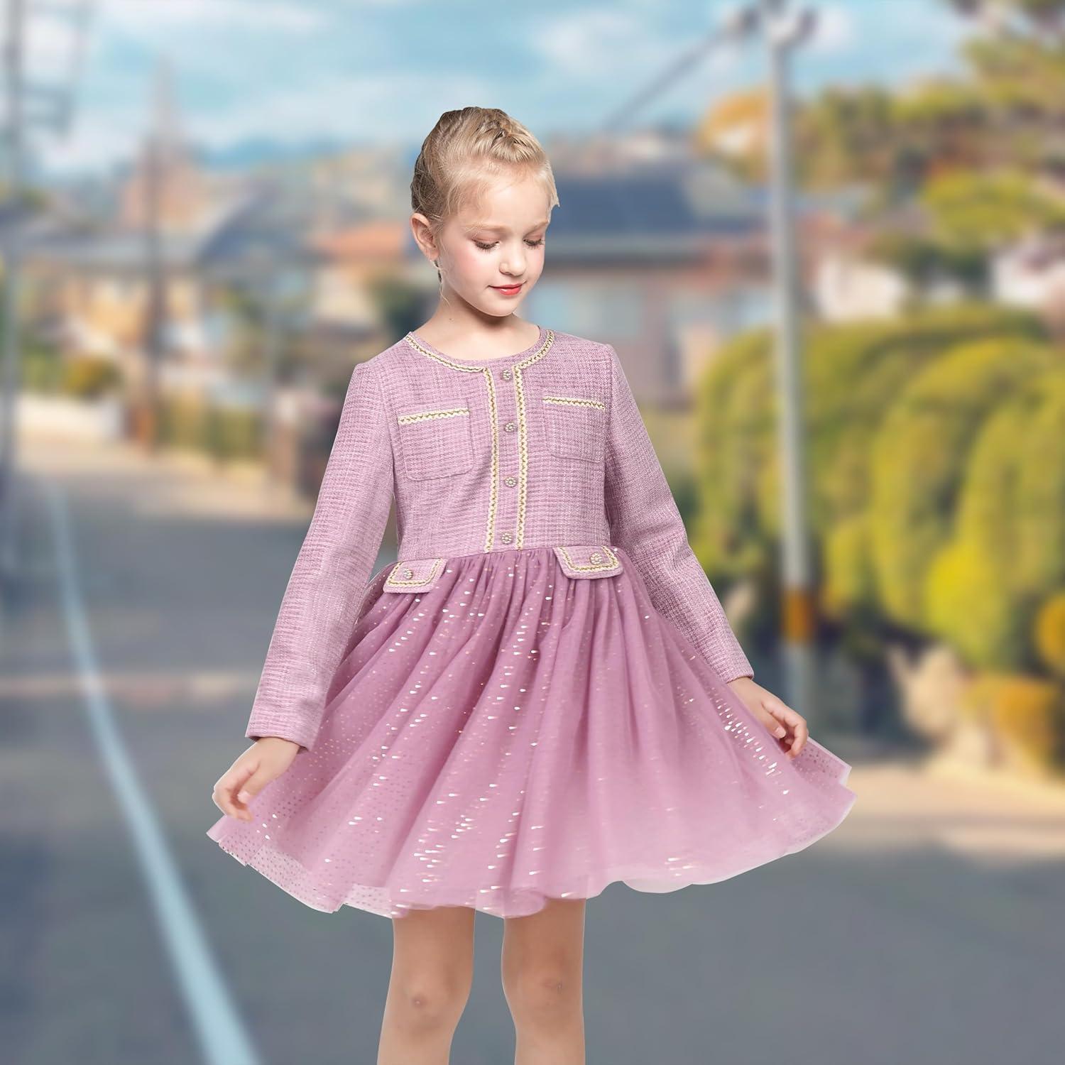 imageSunny Fashion Girls Dress Beige Cream Sequin Heart Butterfly Tulle Skirt Long SleeveLight Purple