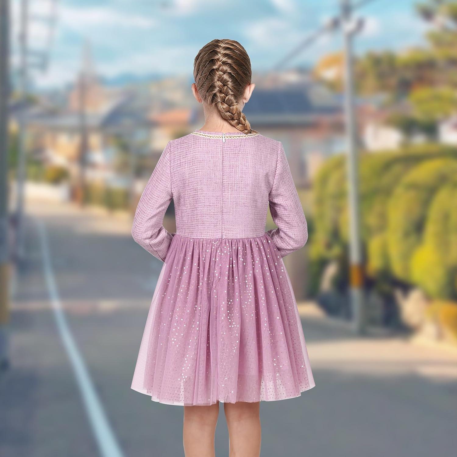 imageSunny Fashion Girls Dress Beige Cream Sequin Heart Butterfly Tulle Skirt Long SleeveLight Purple