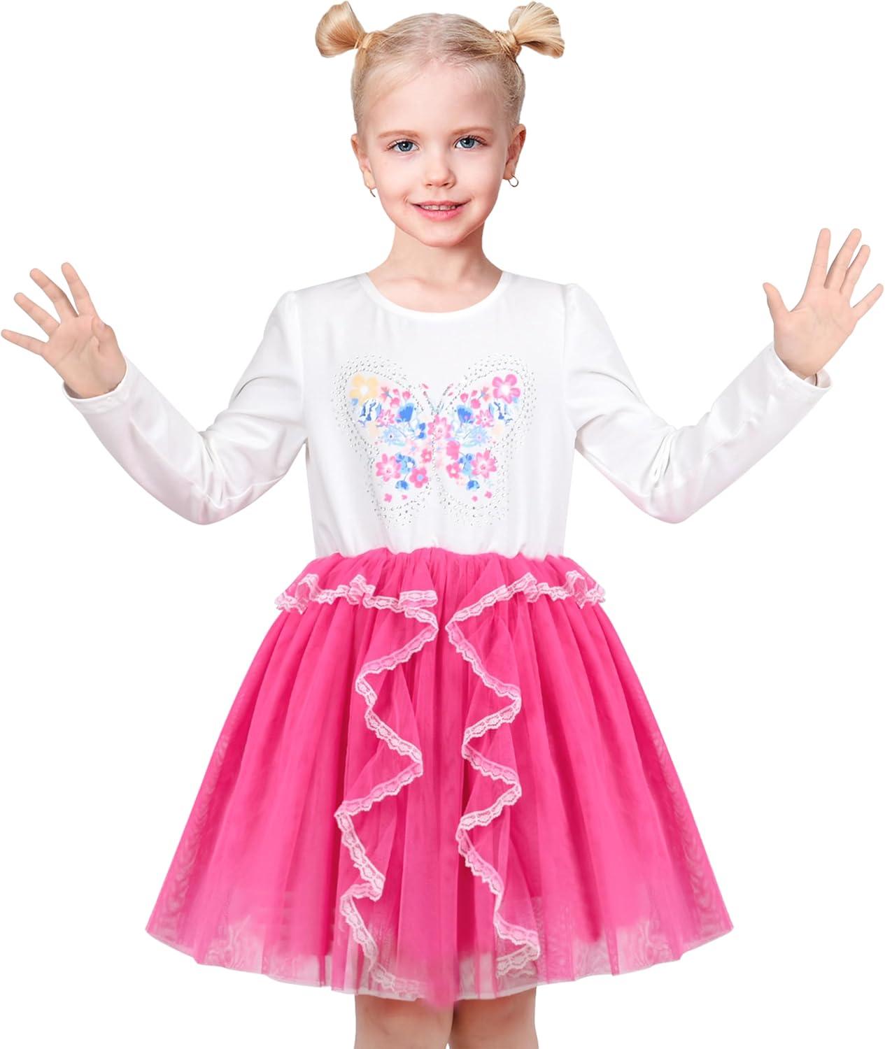 imageSunny Fashion Girls Dress Beige Cream Sequin Heart Butterfly Tulle Skirt Long SleevePink Butterfly