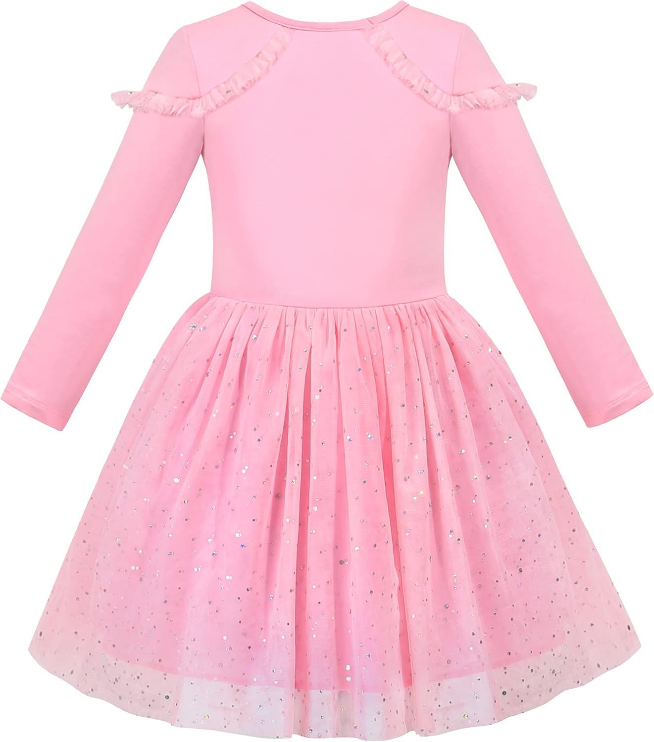 imageSunny Fashion Girls Dress Beige Cream Sequin Heart Butterfly Tulle Skirt Long SleevePink Sequin