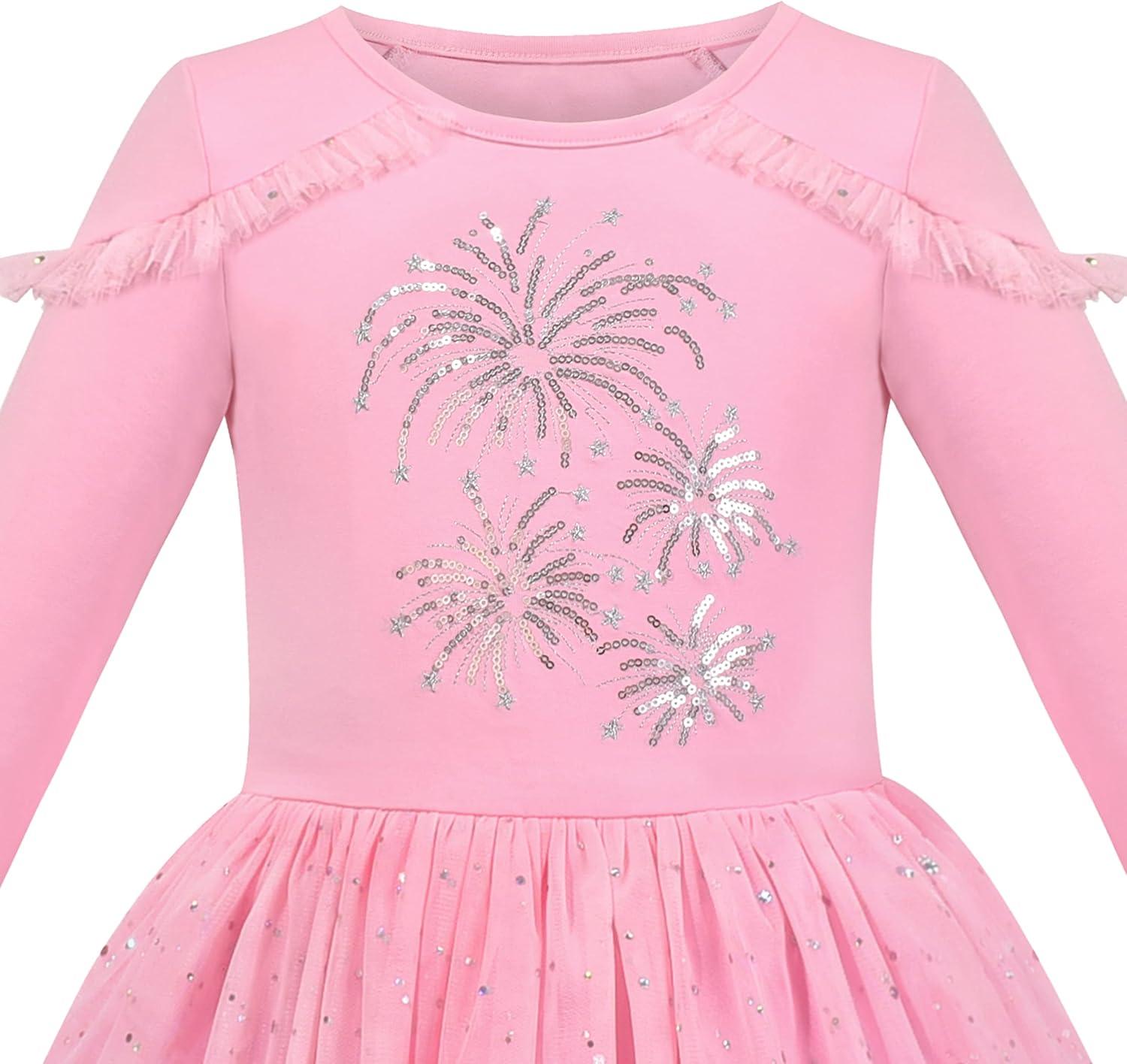 imageSunny Fashion Girls Dress Beige Cream Sequin Heart Butterfly Tulle Skirt Long SleevePink Sequin